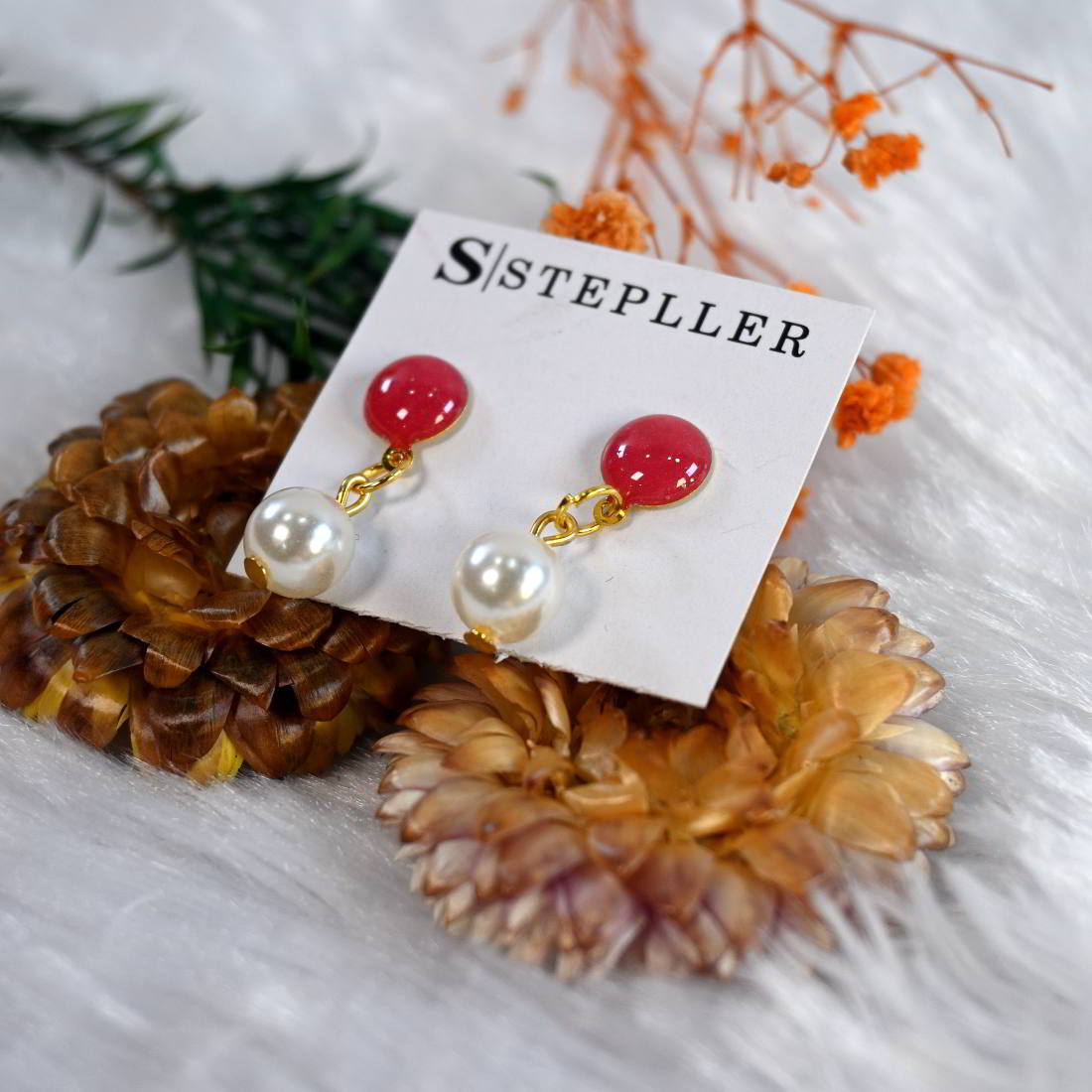 Stepller Handmade RED Sparkle Studs With Pearl FOR Women AND Girls  