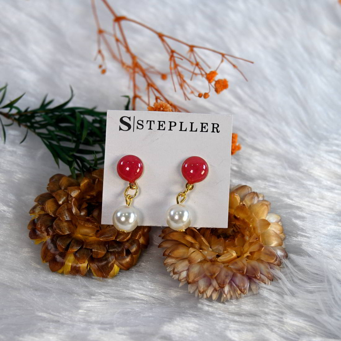 Stepller Handmade RED Sparkle Studs With Pearl FOR Women AND Girls  