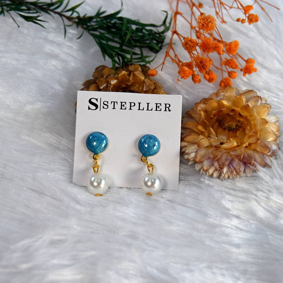 Stepller Handmade Blue Sparkle Studs With Pearl FOR Women AND Girls  