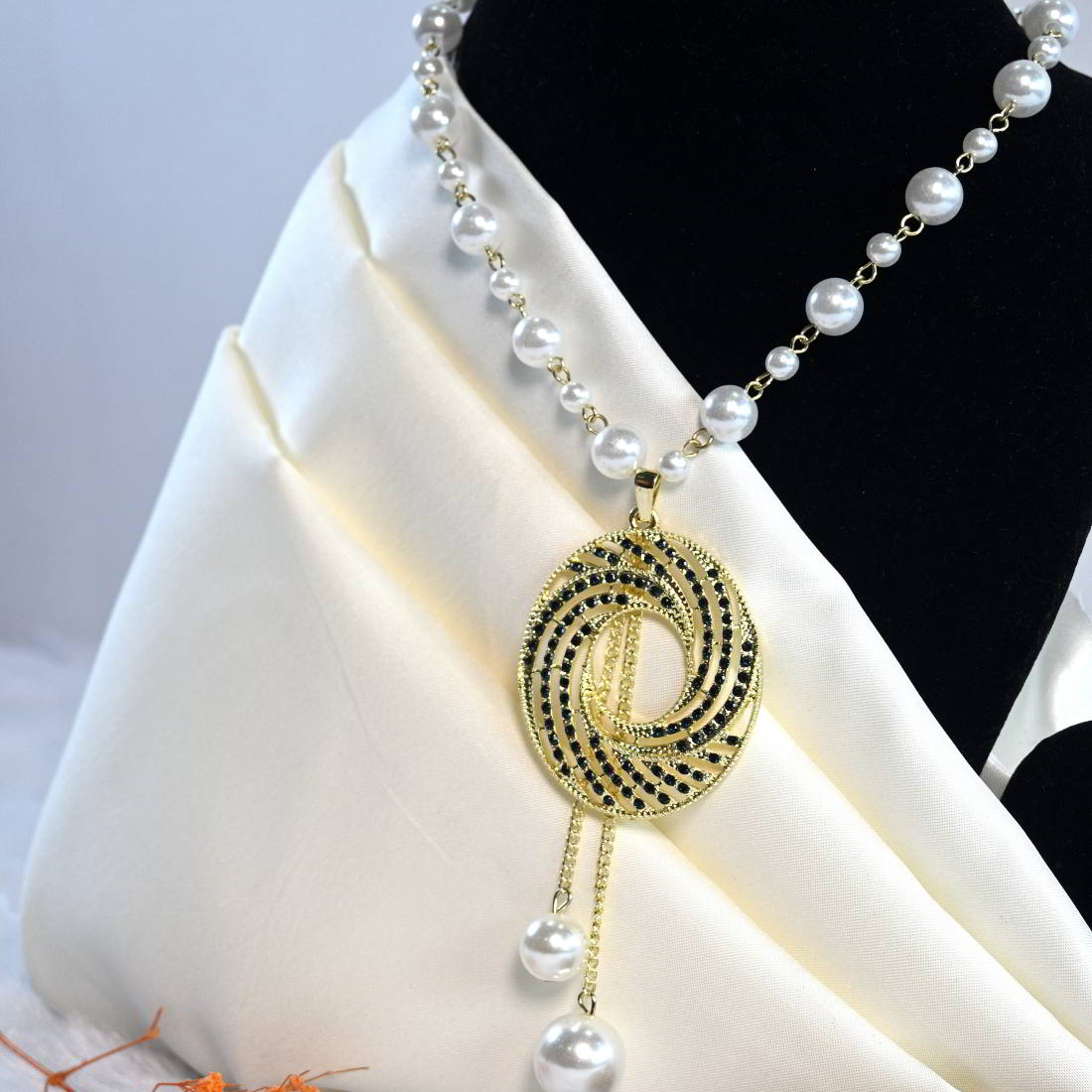 Beautiful Pearl Necklace Double Strand, Black Brown Closure Trim, Classic Pearls