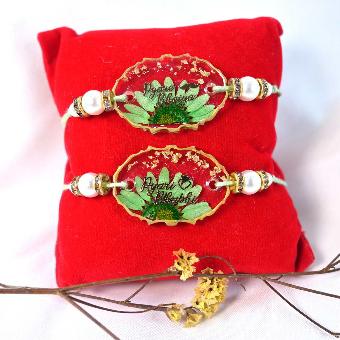 Beautiful Handmade Transparent Green Flower Pyare Bhaiya And Pyari Bhabhi Pair Rakhi 