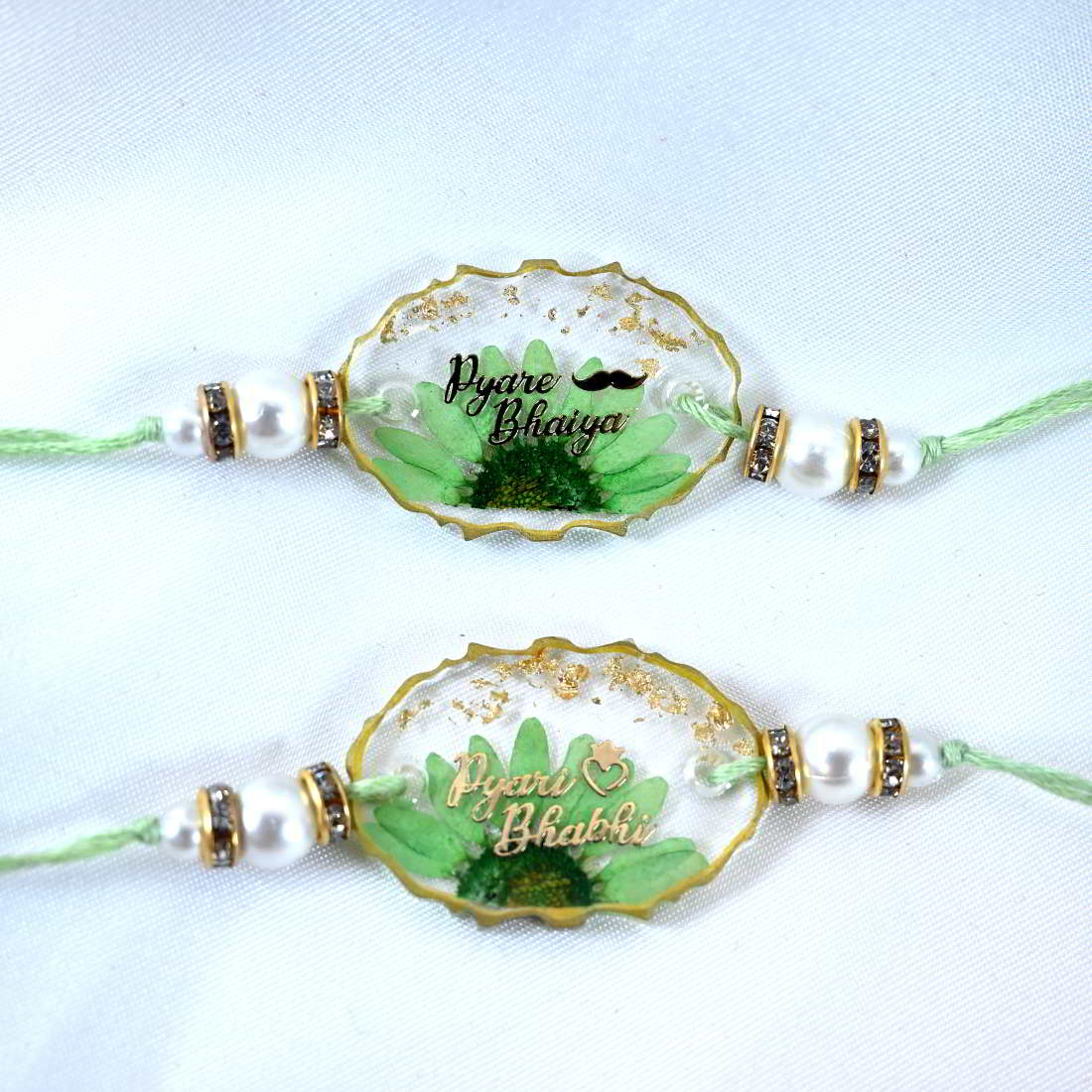 Beautiful Handmade Transparent Green Flower Pyare Bhaiya And Pyari Bhabhi Pair Rakhi 