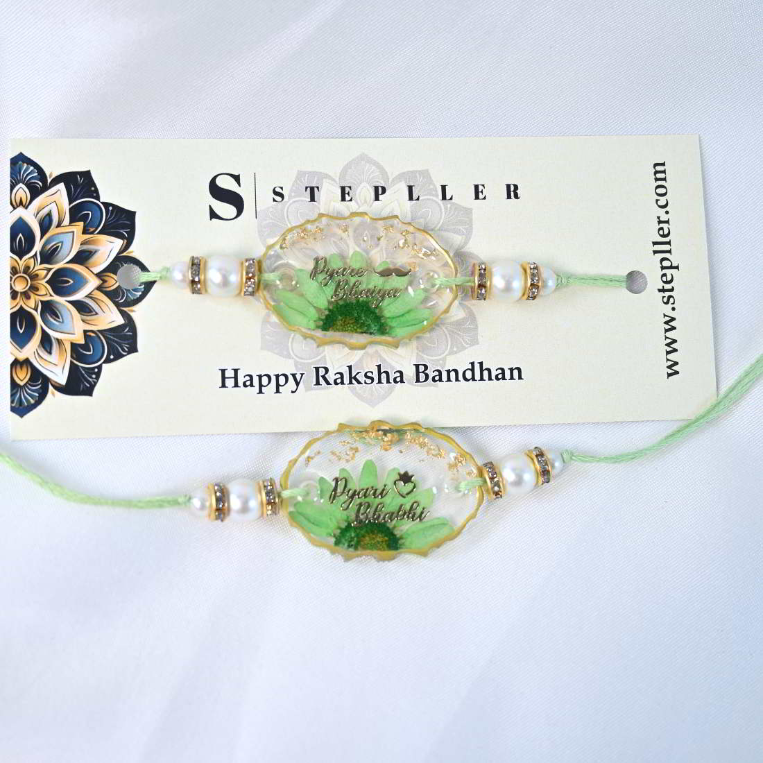 Beautiful Handmade Transparent Green Flower Pyare Bhaiya And Pyari Bhabhi Pair Rakhi 