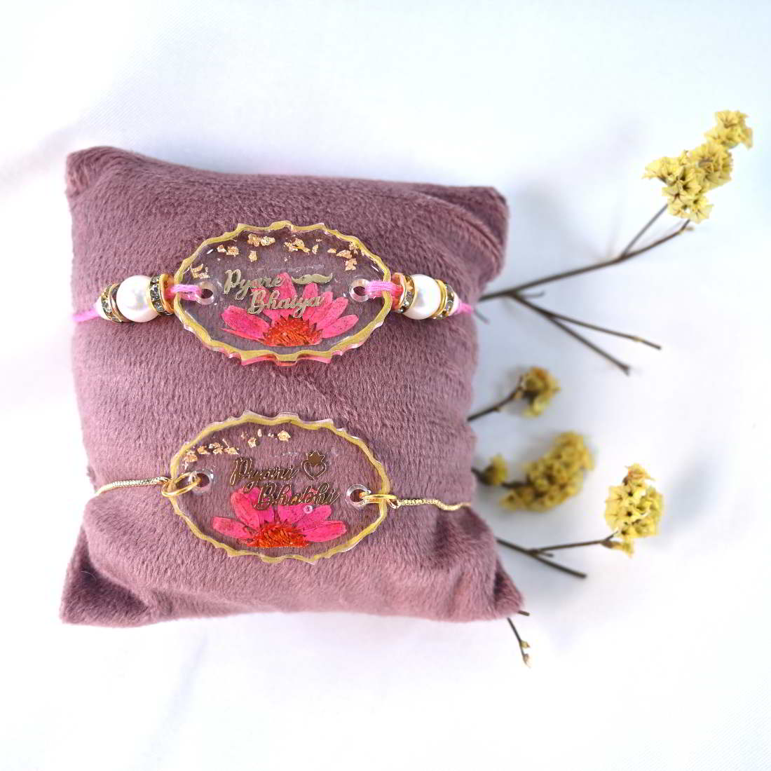 Beautiful Handmade Transparent With Original Pink Flower Bhaiya Bhabhi Rakhi  