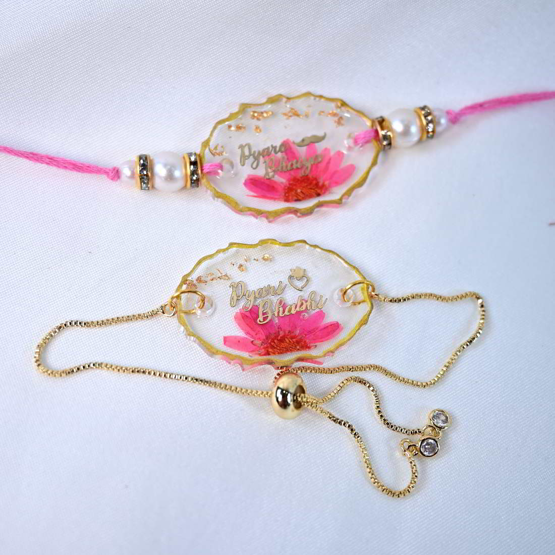 Beautiful Handmade Transparent With Original Pink Flower Bhaiya Bhabhi Rakhi  