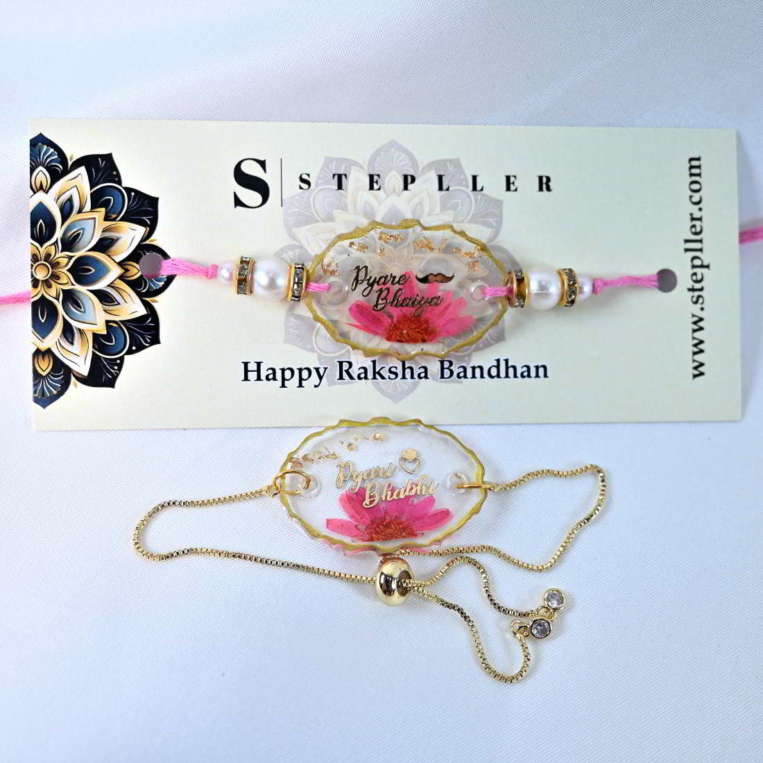 Beautiful Handmade Transparent With Original Pink Flower Bhaiya Bhabhi Rakhi