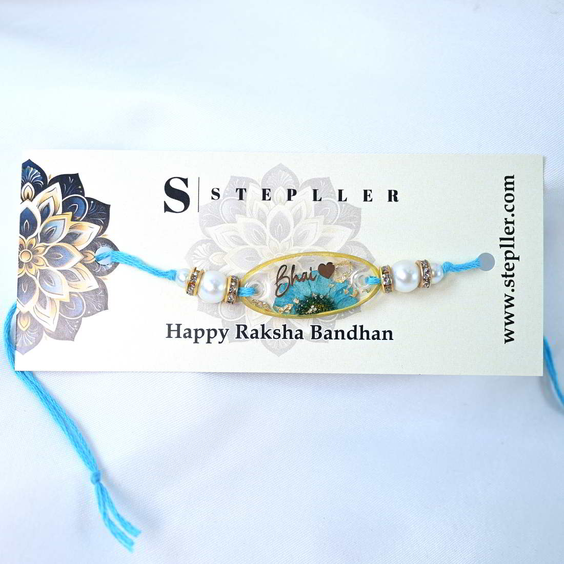 Beautiful Handmade Transparent With Original Blue Flower With Golden Text Bhai  With Heart