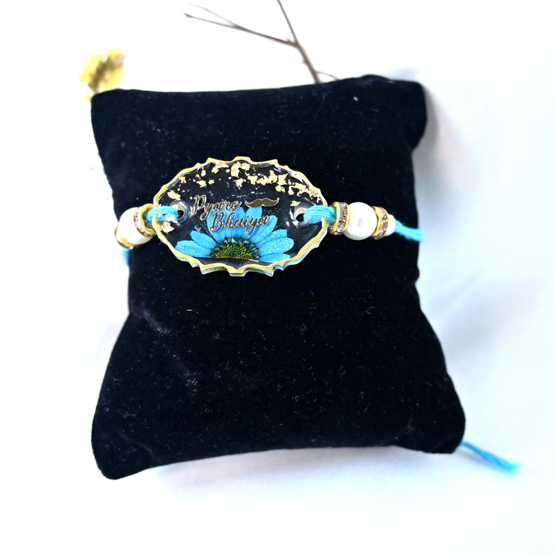 Beautiful Handmade Transparent With Original Blue Flower With Golden Text Pyare Bhaiya  