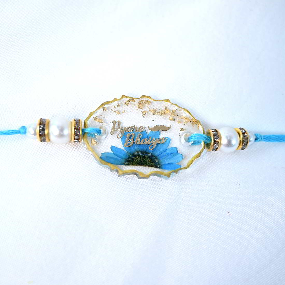 Beautiful Handmade Transparent With Original Blue Flower With Golden Text Pyare Bhaiya  