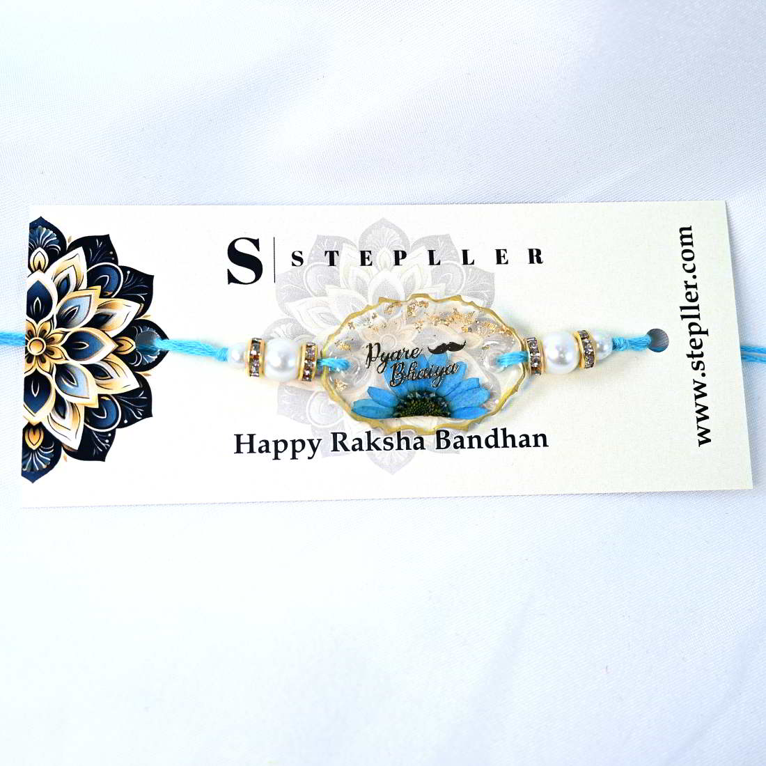 Beautiful Handmade Transparent With Original Blue Flower With Golden Text Pyare Bhaiya