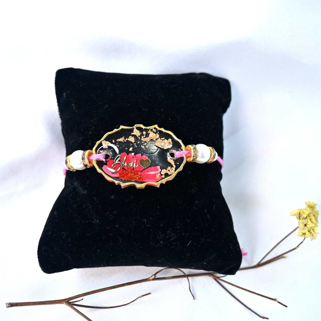 Beautiful Transparent Rakhi With Golden Text Bhsi With Golden Heart Original Pink Flower  