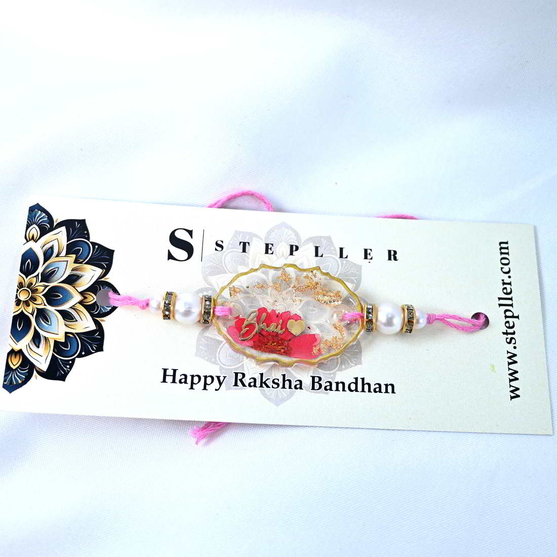 Beautiful Transparent Rakhi With Golden Text Bhsi With Golden Heart Original Pink Flower