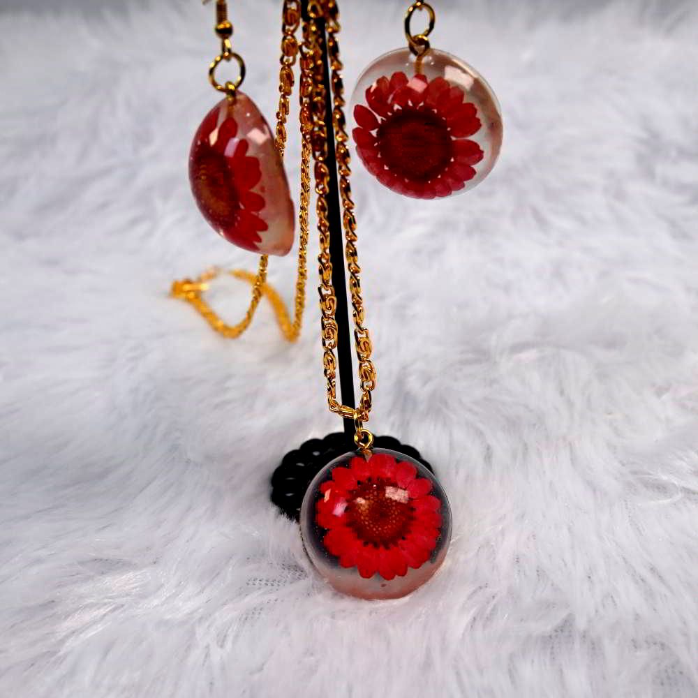 Beautiful Handmade Resin Pendant With Earrings Containing Real Flower For Woman And Girls